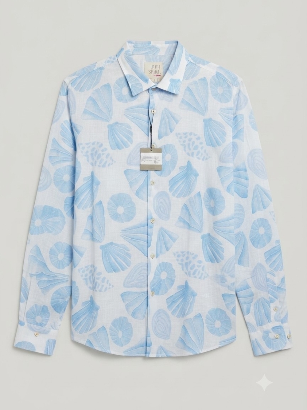 Richards Light Blue Shell-Print Long-Sleeve Button-Down Shirt- Linen Blend